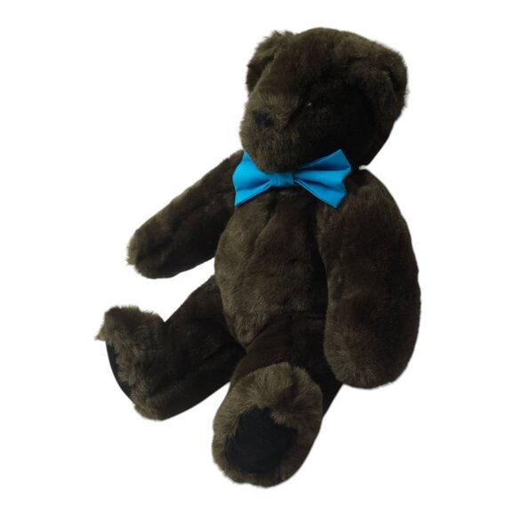 Vermont Teddy Bear 14" Plush Chocolate Brown Stuffed Animal Toy Blue Bow Tie - Picture 4 of 12
